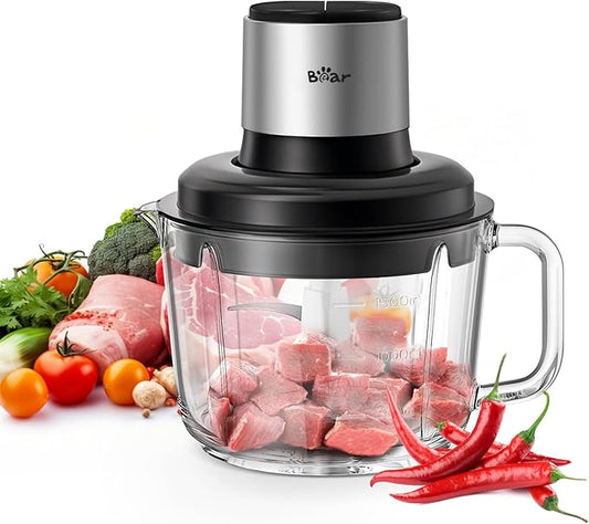 Bear Food Processor, Electric Food Chopper with 8 Cup/2L Handheld Glass Bowls, No-Hole 4 Bi-level Stainless Steel Blades for Easy Cleaning, 2 speed 250W Power Motor Grinder for Meat, and Baby Food