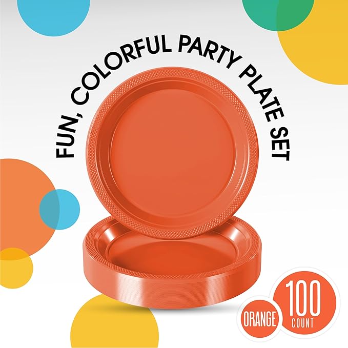 Exquisite Party Solids Orange Plastic Plates For Party 7" Orange Disposable Plates Heavy Duty Supplies 100 Pcs Plastic Dinnerware Sets Heavy Duty 350 GSM Disposable Dinnerware Set