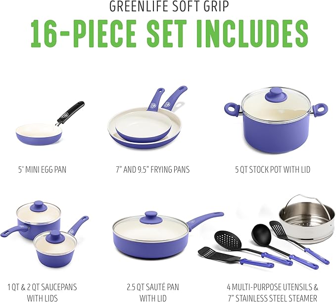 GreenLife 16 Piece Nonstick Cookware Set, Soft Grip Non-Toxic PFAS-Free Ceramic Pots & Pans, Dishwasher & Oven Safe, Frying, Sauce, Utensils, Glass Lids, Stay-Cool Handles, Wobble Free, Periwinkle