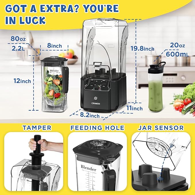 CRANDDI Quiet Commercial Blender with Soundproof Shield, 2200 Watt Professional Blenders for Kitchen with 80oz Jar and Self-Cleaning, High-Speed Blenders K90 Grey