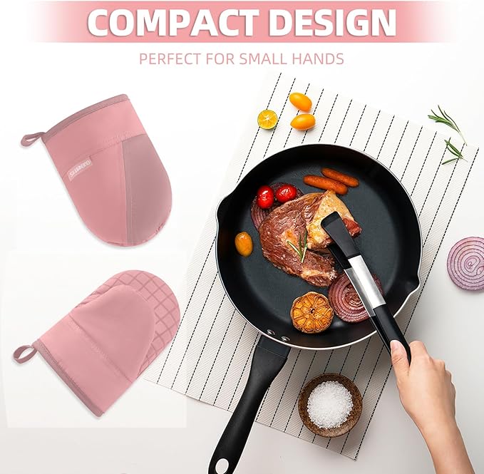 Mini Oven Mitts, Kitchen Oven Gloves Kitchen Mittens 500 Degrees Heat Resistant Baking Gloves, Non-Slip Silicone Surface with Hanging Loops Hot Gloves for Cooking, Baking, BBQ 1 Pair-Pink