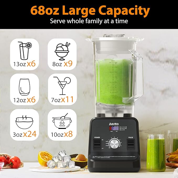 Aeitto Blender, Blenders for Kitchen with 1500-Watt Motor, 68 Oz Large Capacity, Countertop Professional Blenders for Ice Crush, Frozen Drinks, Black