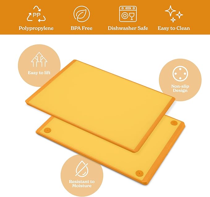 SMIRLY Plastic Cutting Board Set 3 Pieces, Non-Slip Dishwasher Safe Chopping Boards for Kitchen, Yellow