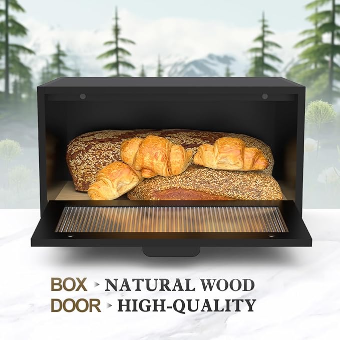 Bread Box for Kitchen Countertop Farmhouse Bread Holder Bread Storage Wooden Bread Container Black