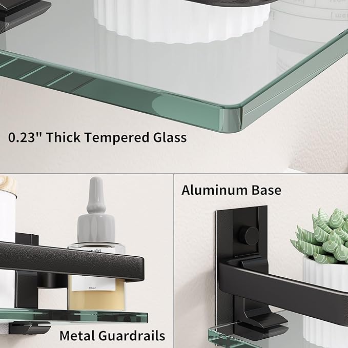Danpoo Clear Tempered Glass Wall Shelf, Wall-Mounted Organizer for Bathroom, Kitchen(Matte Black)