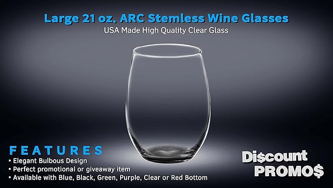 DISCOUNT PROMOS 10 ARC Stemless Wine Glasses Set, 21 oz. - Chardonnay, Cabernet, Merlot, Sauvignon - Black
