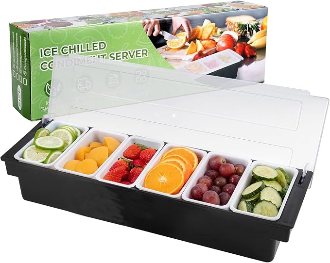WICHEMI Fruit, Veggie & Condiment Caddy with Lid Dispenser Tray Plastic Garnish Station for Bartending & Serving Taco, Ice Cream, Salad Bar - Topping Organizer for Restaurant Supplies (6 Compartment)