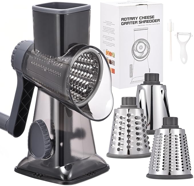 Rotary Cheese Grater Hand Crank Cheese Shredder Vegetable Mandoline Slicer for Kitchen 3 in 1 Changeable Blades for Cheese Potato Nuts Chocolate Ice （Grey TSP)