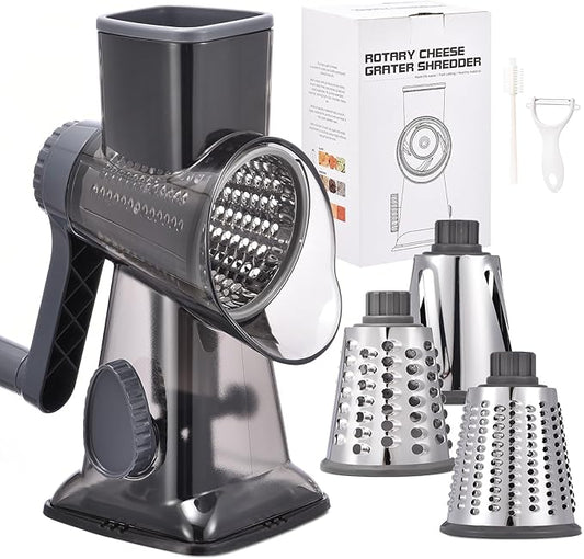 Rotary Cheese Grater Hand Crank Cheese Shredder Vegetable Mandoline Slicer for Kitchen 3 in 1 Changeable Blades for Cheese Potato Nuts Chocolate Ice （Grey TSP)