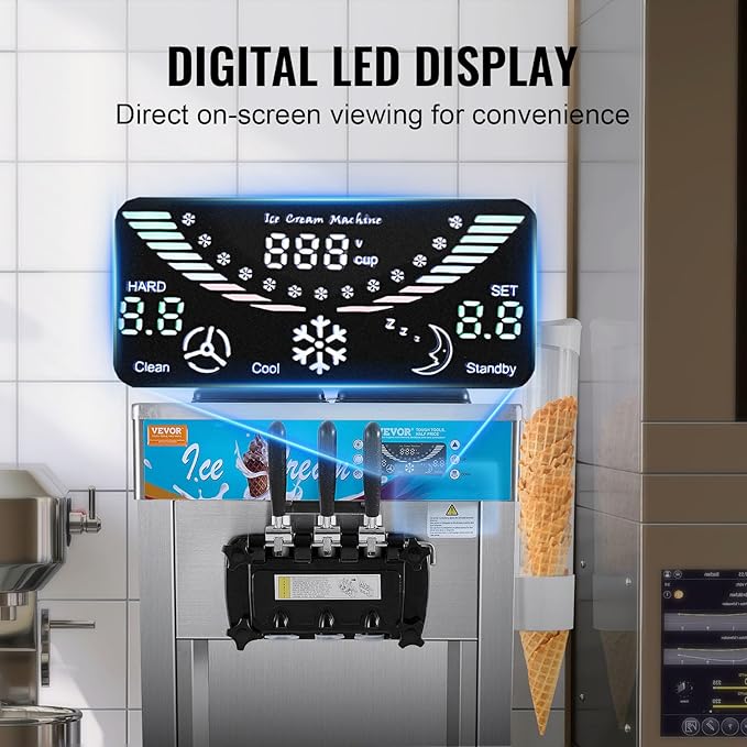 VEVOR Commercial Ice Cream Machine, 21-31 L/H Yield, 1800W 3-Flavor Freestanding Soft Serve Ice Cream Maker, 2 x 5.5L Stainless Steel Cylinder, LED Panel Auto Clean Pre-cooling, for Restaurant Bars