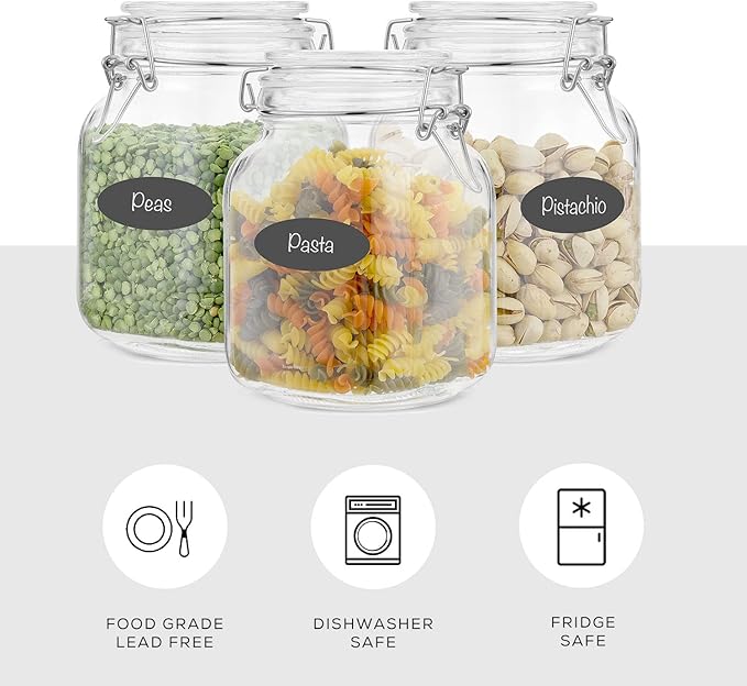 JoyJolt Airtight Glass Jars with Lids Set of 3. 32oz Glass Jar with Lid and 6 Silicone Seals! Med Glass Food Storage Containers. Square Mason Jar, Candy Jar, Sugar Jar, Pasta Containers for Pantry