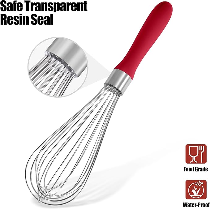 18/8 Stainless Steel Balloon Whisk, Doosu Kitchen Whisk for Cooking Handheld Egg Beater with Rust-Proof Sturdy Wires & Non-Slip Silicone Handle for Beating, Stirring, Blending (8 Wires, Red)