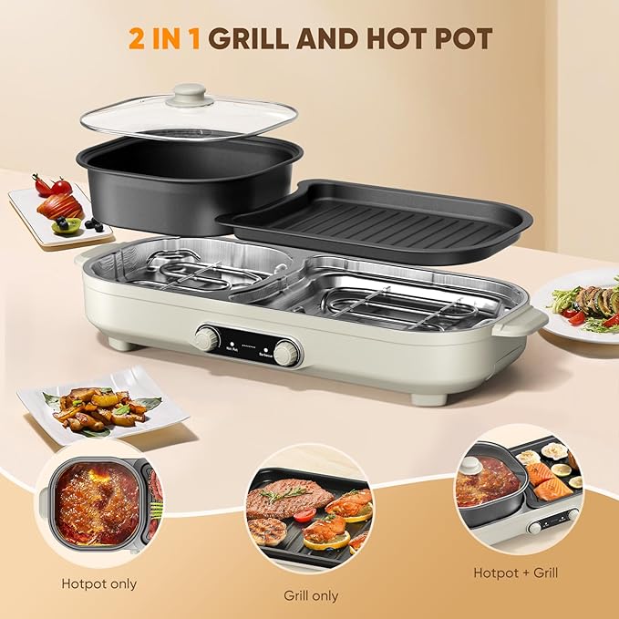 Electric Hot Pot with Grill, 2 In 1 Indoor Non-Stick Barbecue Shabu Hot Pot with Dual Temperature Control, Detachable Hotpot and Baking Tray, Smokeless Shabu Korean BBQ Grill