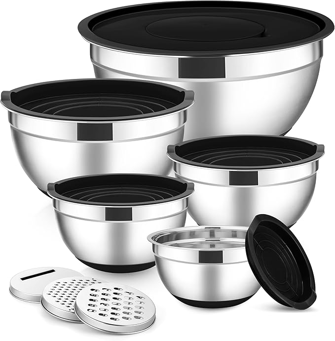 E-far Stainless Steel Mixing Bowls with Lids Set, 5-Piece Nesting Salad Bowls with 3 Grater Attachments and Non-Slip Bottoms, Size 4.6, 2.6, 2, 1.5, 1QT for Kitchen (Black)
