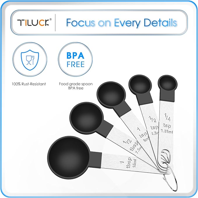 TILUCK Measuring Cups & Spoons Set, Stackable Cups and Spoons, Nesting Measure Cups with Stainless Steel Handle, Kitchen Gadgets for Cooking & Baking (Black)