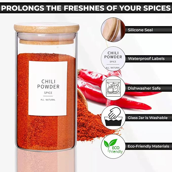12 Pcs Glass Spice Jars With Bamboo Airtight Lids, 8oz Thicken(2.4mm) Spice Containers With 148 Minimalist Preprinted Waterproof Spice Labels, Kitchen Empty Small Storage Jars For Seasoning, Herb