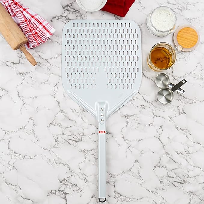 TKC Perforated Pizza Peel 12 Inch - Long Handle Perforated Aluminum Pizza Paddle - Lightweight Pizza Turning Peel Spatula - Compatible with all Ooni Pizza Ovens - 26 Inch Overall Length (Silver/Gray)