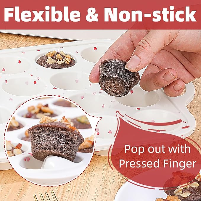 CAKETIME Mini Muffin Pan, Metal Reinforced Frame Mini Cupcake Pans 24 Cups Nonstick Muffin Silicone Molds with Handle for Baking Muffins, Cupcakes, Egg Bites 2 Pack Heart-Shaped