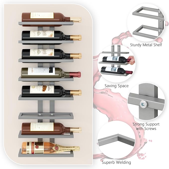 Hoctieon 8 Tier Wall Mount Wine Rack, Wall Racks for Wine Bottles Display and Storage, Hanging Bottle Organizer for Living Room, Dining Room, Wine Cellar, Bar, Grey