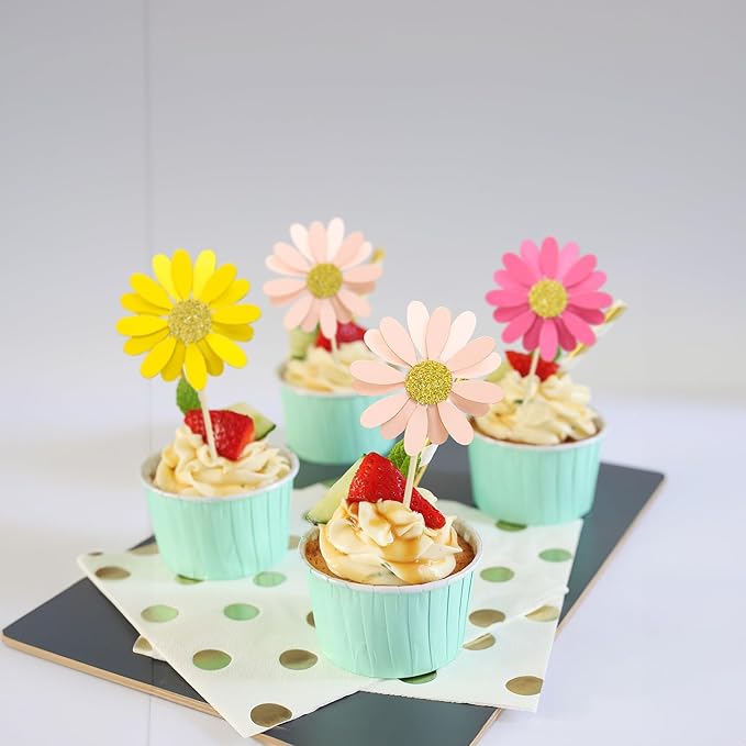 Ephlyn 24Pcs Daisy Cupcake Toppers Daisy Cake Decorations Chrysanthemum Cupcake Toppers Spring Daisy Flower Cake Picks for Birthday Wedding Supplies Multicolor 3