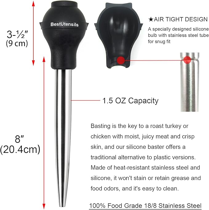 KAYCROWN Stainless Steel Turkey Baster Commercial Grade Quality Silicone Bulb Including 2 Marinade Injector Needles And Basting Brush