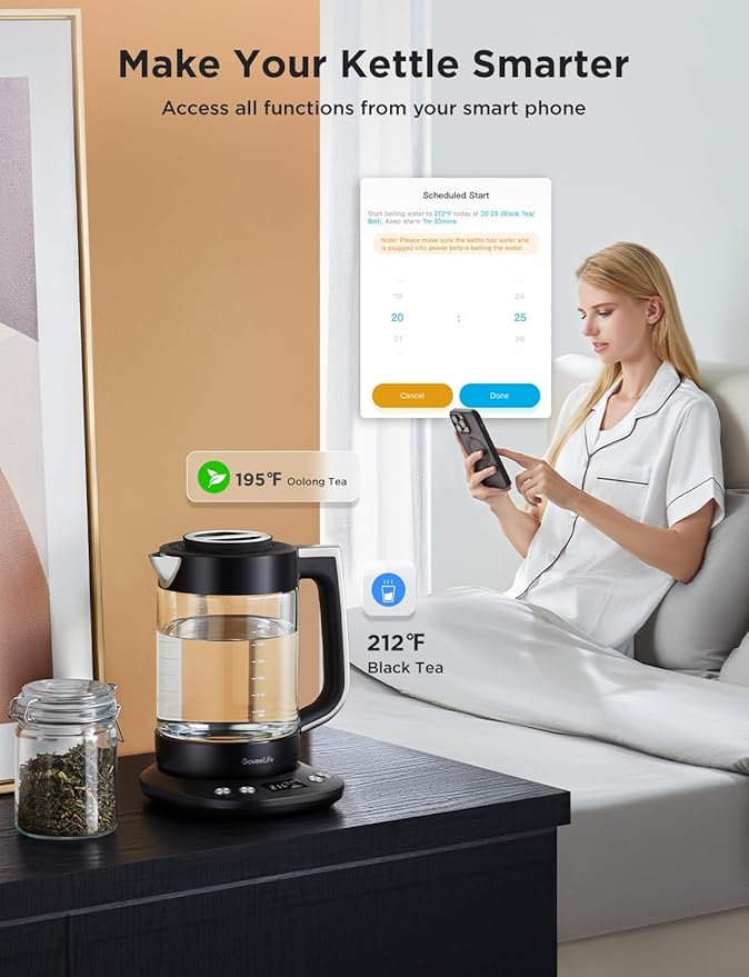 GoveeLife Smart Electric Kettle with Tea Infuser for Loose Leaf, 1.7 L Electric Tea Kettle with Brewing Program, Variable Temperature Control, 2 H Keep Warm & Auto Shut-Off, BPA Free. Black