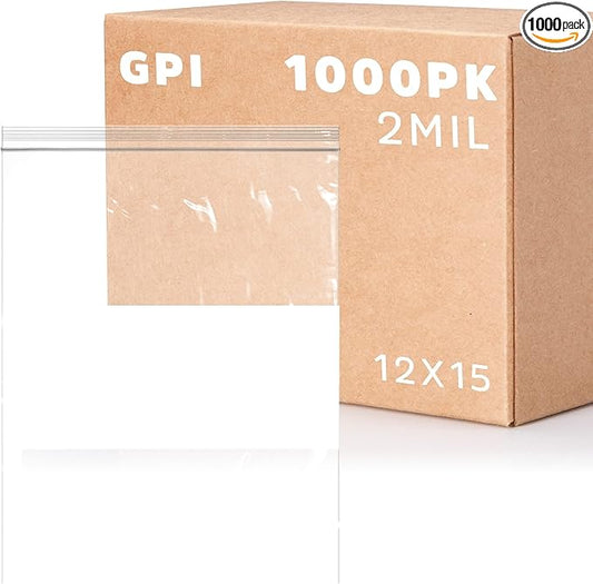 12" x 15" Large Zip Bags, 2 Mil Thick Clear Plastic Reclosable Zipper Lock Bags with Write-on White Block, with Resealable Zip Top Lock for Food Storage & Office Supplies, 1000 Count