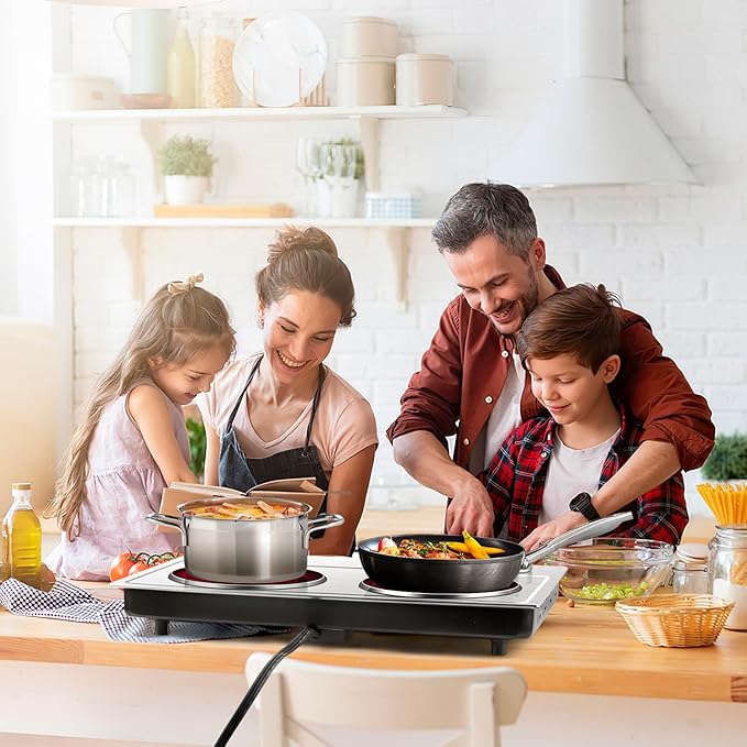 Hot Plate,Cusimax Dual Infrared Burner, Electric Ceramic Glass Stove,Adjustable Temperature Control,Stainless Steel,Compatible of all Cookware,Easy Clean for Home, Dorm, Office