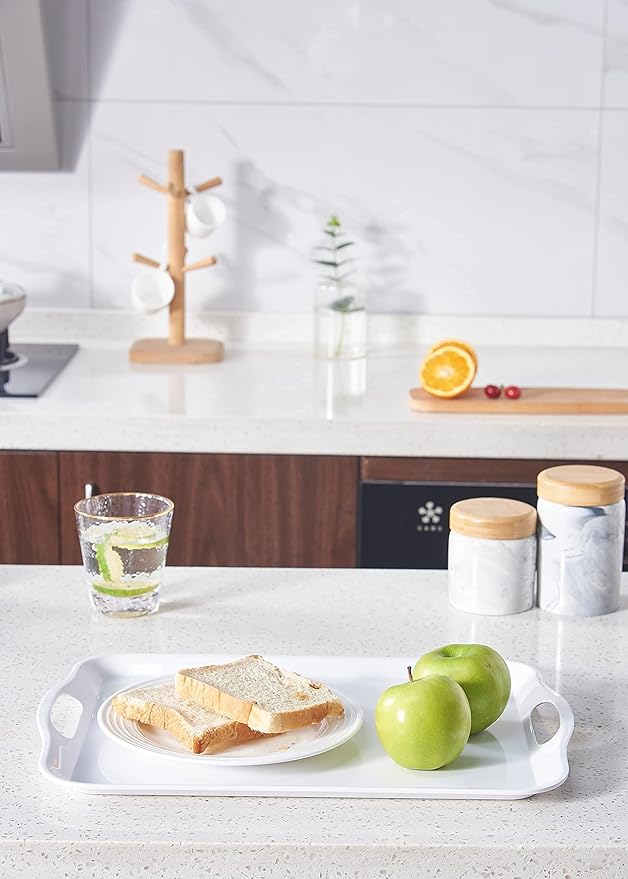 Blue Boat 16.5" x 11.5" Serving Trays Set of 2 White, Dinner Tray, Light Weight Easy to Clean Sturdy Stackable Melamine Serving Tray with Handle, Fruit, Snacks, and Desserts Trays