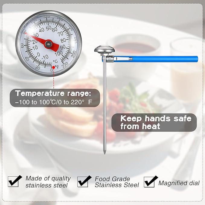 Xuhal 6 Pcs Stainless Steel Kitchen Thermometers with 5 Inch Long Stem 1 Inch Dial Milk Frothing Food Thermometer for Oven Probe Meat Grill BBQ Cooking Chocolate Water (Blue)