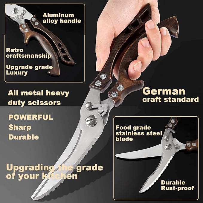 ANDONG Kitchen Scissors, Heavy Duty Professional Poultry Shears, Stainless Steel Spring Loaded, Dishwasher Safe, with Black Leather Sheath