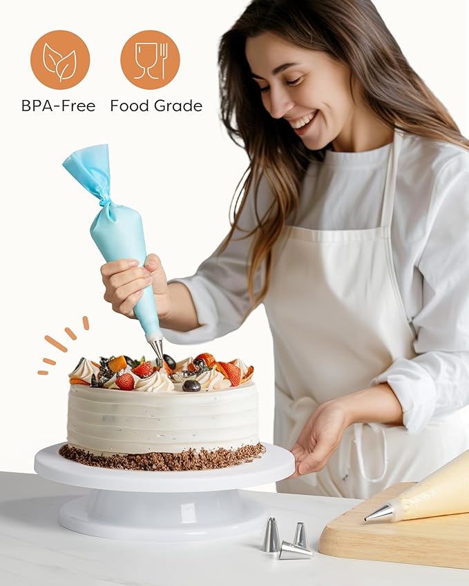 Kootek 71PCs Cake Decorating Kit, Baking Supplies Tools - Includes Cake Stand Turntable, 12 Icing Piping Tips, 2 Frosting Spatulas, 3 Scrapers, 50+2 Piping Bags, Coupler, Video Tutorial, Booklet