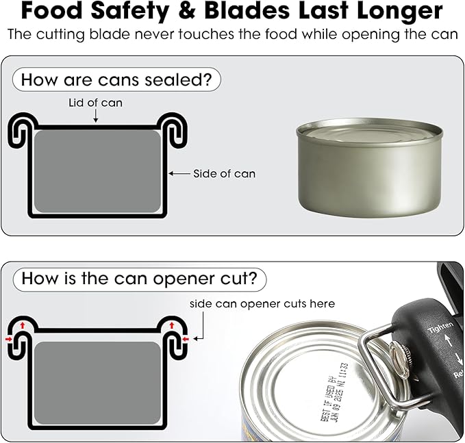 Beneno Can Opener, Manual Side Safe Cut Can Opener Smooth Edge with Durable Sharp Blade, Effort-Saving Knob & Comfortable Non-slip Handle, Black