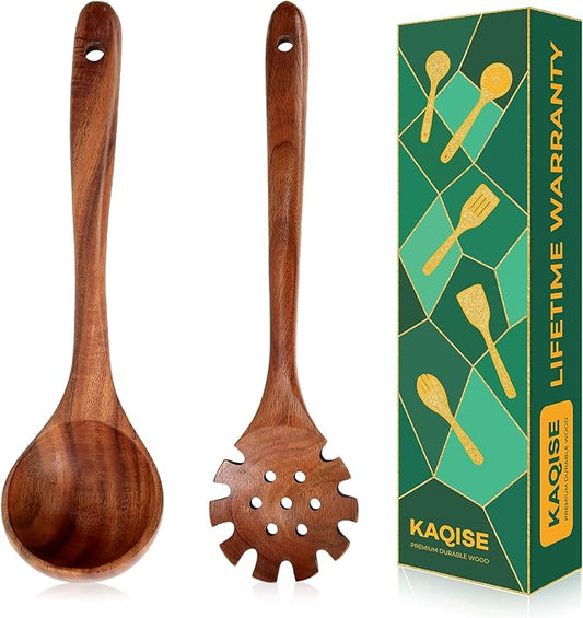 Wooden Spoons for Cooking, Teak Wooden Utensil Set, 2Pcs Kitchen Utensils, Large Cooking Spoons for Soup and Pasta Serving Mixing (Ladle & Pasta Scoop Strainer)