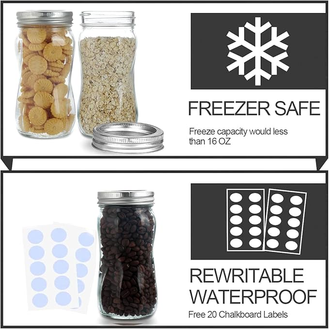 KAMOTA Mason Jars 16 OZ With Regular Lids and Bands, Ideal for Meal Prep, Jam, Honey, Wedding Favors, Shower Favors, DIY Spice Jars, 12 PACK, 20 Whiteboard Labels Included