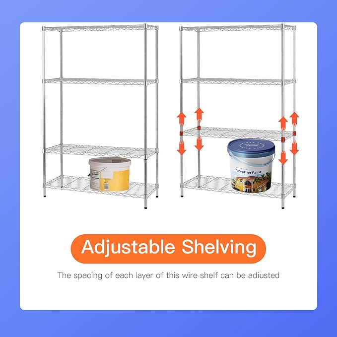 14" D×36" W×54" H Commercial Wire Shelving Unit Metal Shelf with 4 Tier Adjustable Layer Rack Strong Steel for Restaurant Garage Pantry Kitchen Garage，Chrome