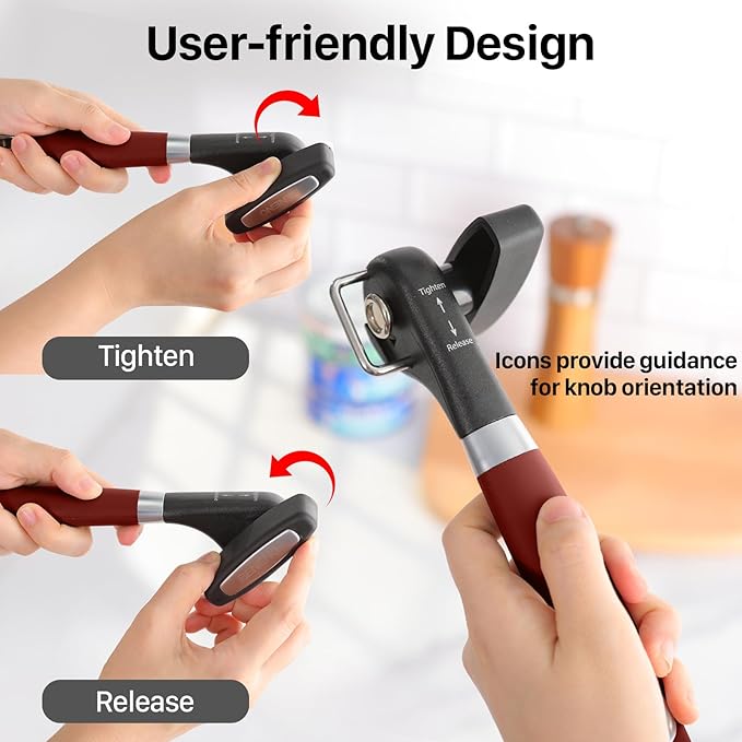 Beneno Can Opener, Manual Side Safe Cut Can Opener Smooth Edge with Durable Sharp Blade, Effort-Saving Knob & Comfortable Non-slip Handle, Red