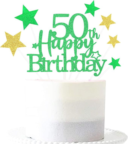 Glittery 50th Happy Birthday Cake Topper with Star,Personalised 50 Birthday Cake Toppers Party Decorations Party Supplies for Boys Girls Green Gold
