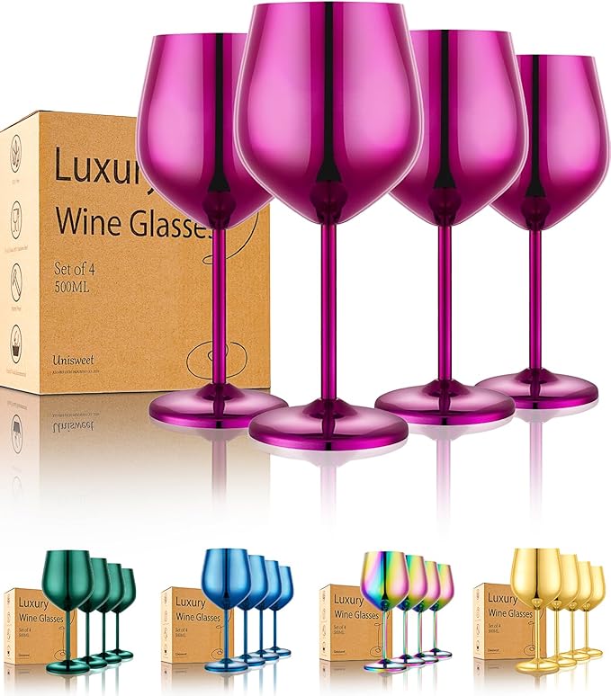 Stainless Steel Wine Glasses Set of 4 Unbreakable Purple Wine Glass 18 oz Unique Metal Wine Goblets for Outdoor, Travel, Camping, Pool, Ideal Gift for Wine Lovers