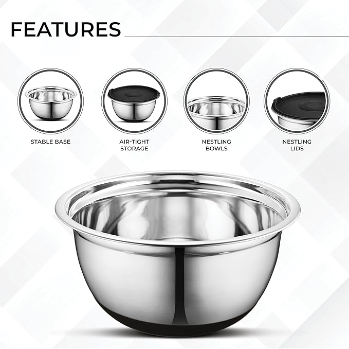 AVADOR Premium Stainless Steel Mixing Bowls Sets Brushed Stainless Steel Mixing Bowl Set, Easy To Clean, Space Saving, Great for Cooking, Baking, Prepping Needs (9 pc Anti Slip with Lid and Graters)