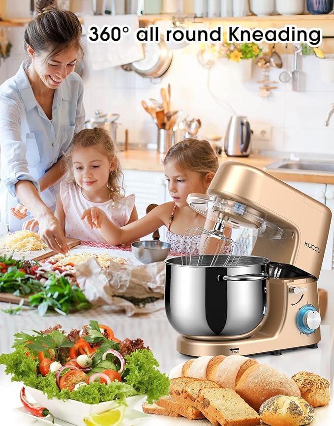9.5 QT Double Handle KUCCU Stand Mixer, 6 Speed with Pulse Electric Kitchen Mixer, 660W Tilt-Head Food Mixer with Dishwasher-Safe Dough Hook, Flat Beater, Whisk, Splash Guard for home baking (Gold)