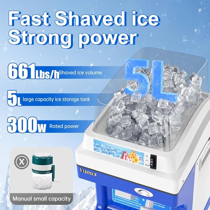 Electric Snow Cone Machine, 300W Ice Shaver Machine, Thickness Adjustable Snow Cone Maker Machine 661LBs/hr Ice Crusher for Bar Parties Events Snack, Home and Commerical Use Blue(5.8Qt)