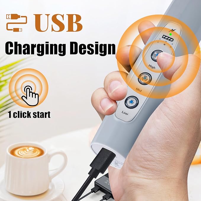 Nahida Cement Gray Milk Frother Wand for Coffee, Frother Handheld Rechargeable Electric Whisk with 3 Heads 3 Speeds Drink Mixer Coffee Frother Foam Maker For Latte, Cappuccino, Hot Chocolate, Egg