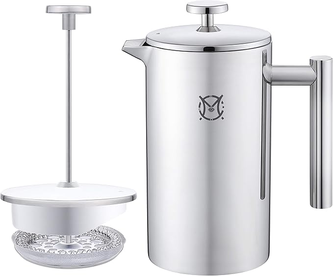 French Press Coffee Maker – Single Serve 1 Cup Small Stainless Steel Thermal Double Walled French Press 350ML/12OZ