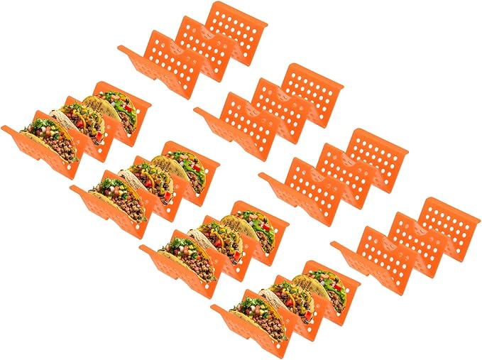 uxcell 8 Pcs Taco Holder Stand, Plastic Taco Plates Hold Up to 3 Tacos, Hollow Carved Taco Shell Holder, Dishwasher Microwave Safe, Orange