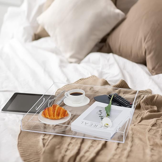 18×18 Inches Clear Acrylic Serving Tray with Handles Extra Large Ottoman Tray Decorative Trays Spill-Proof Coffee Table Space Saver Oversize Counter top Organizer Platter with Safe Edge