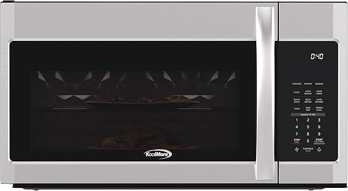 KoolMore KM-MOT-2SS Range Microwave Oven Lamp and 300CFM Recirculation Vent Hood, Auto Cook Menus, Reheat Function, 11 Power Levels, Timer, and Weight Defrost, 30 in/1.9 Cu. Ft, Silver