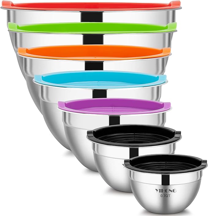 YIHONG 7 Piece Metal Mixing Bowls with Lids for Kitchen, Stainless Steel Set Ideal for Baking, Prepping, Cooking and Serving Food, Nesting Design for Space Saving Storage