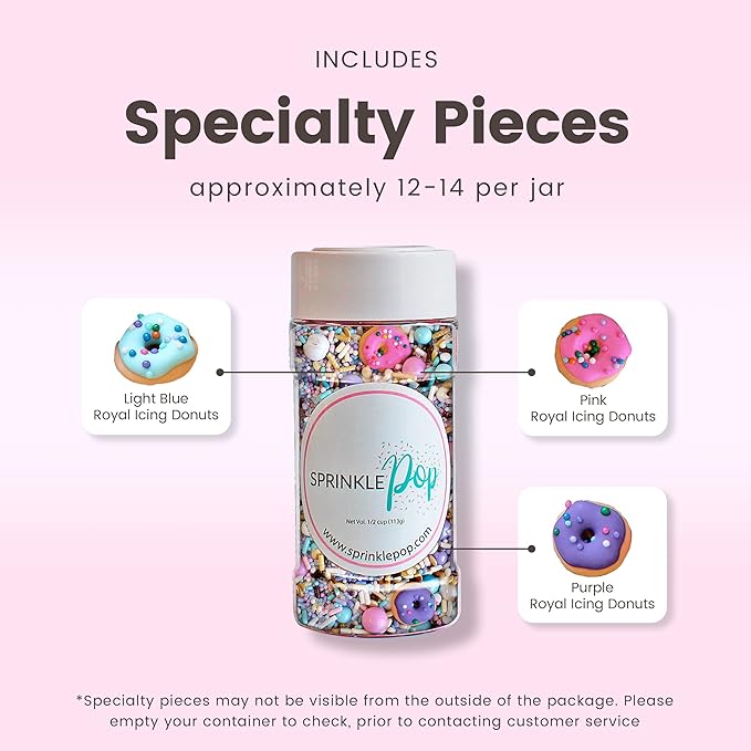 Sprinkle Pop Donut Sprinkle Mix| Lavender White Gold Pink Blue Sprinkle Mix with ~12 Sprinkled Donuts Royal Icings| Birthday Decorating Sprinkles Made in USA for Cupcakes Cakes Cookies Donuts, 4oz