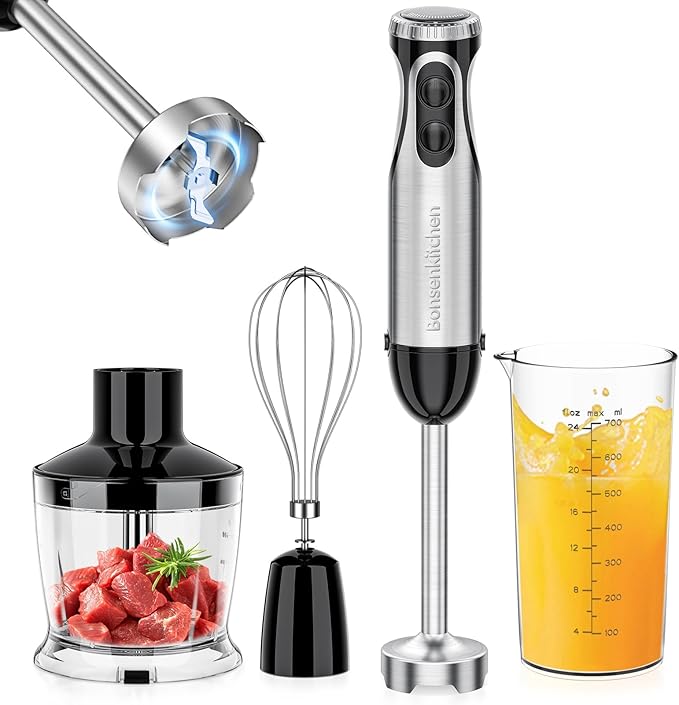 Bonsenkitchen 4-in-1 Immersion Blender Handheld, 20 Speeds Hand Blender with Turbo Mode, Stainless Steel Blade, Egg Whisk, Beaker & Chopper Bowl, Stick Mixer for Soup, Smoothie, Puree, Baby Food